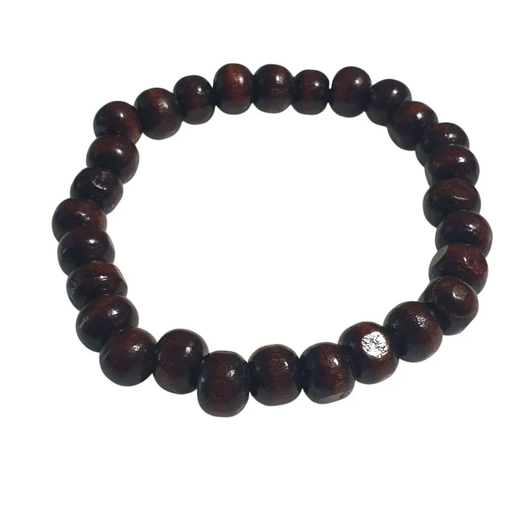 Brown Wooden Beaded Stretch Bracelet Unisex Handmade Simple Design Boho Beach